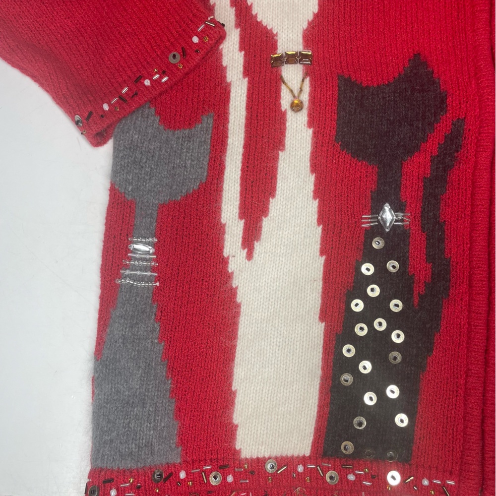 Coldwater Creek Cat Embellished Zip Front Sweater Red Womens 1X Beaded Trim - Picture 5 of 6